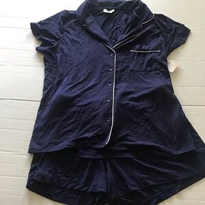 NWT Navy Blue Shimera Woman’s Button Up Lounge Pajama Set Shorts And Top Size S